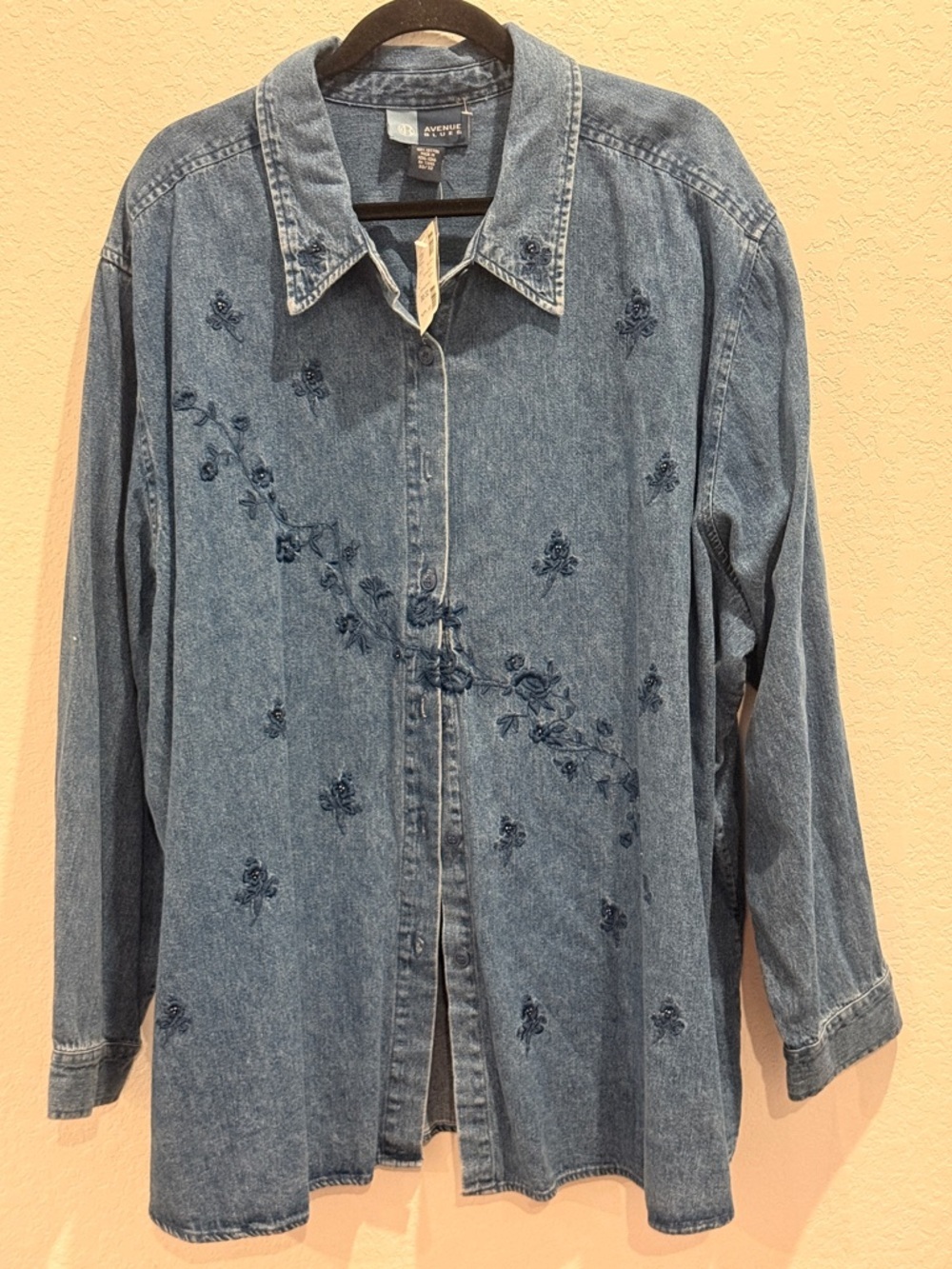 Avenue Blue Denim Embroidered Button-Up Shirt